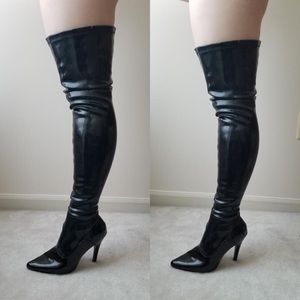 latex thigh-high heeled patent leather boots!!